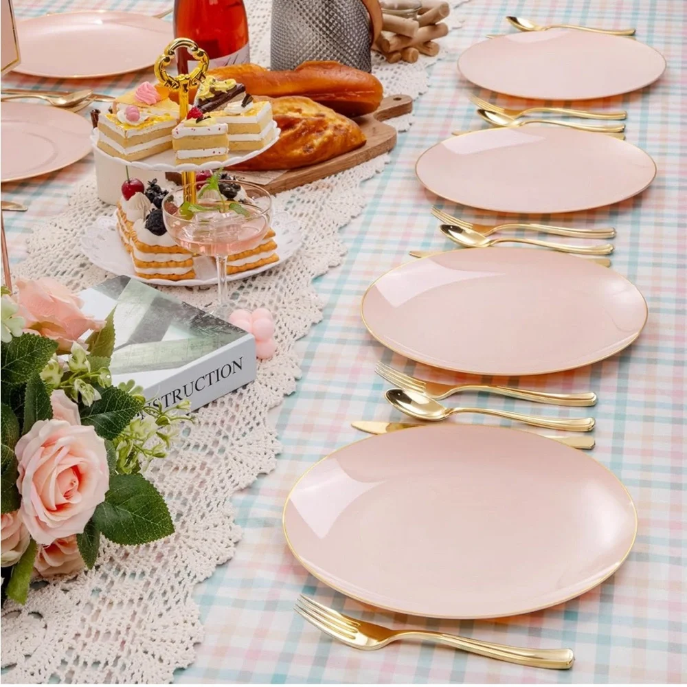 100PCS Pink Disposable Plates w Gold Rim 10.25 inch Ideal for Wedding💒&Party🥳